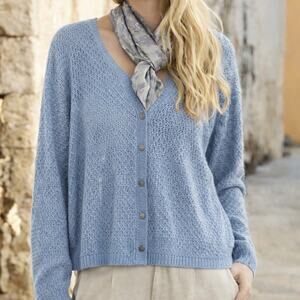 PERUVIAN CONNECTION Open Knit Crochet Cardigan Sweater Blue Medium M